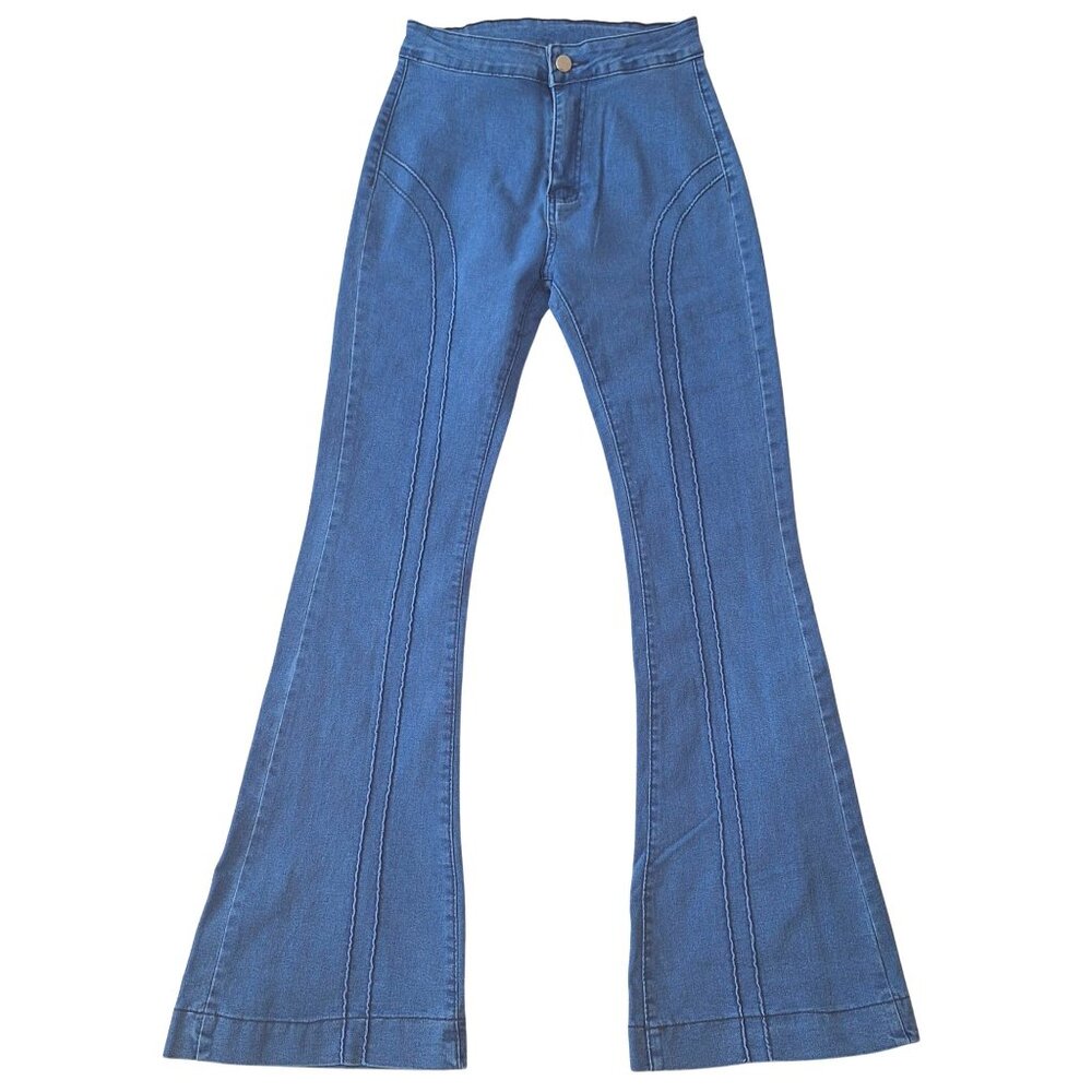 NWOT Y2K High Rise Flare Jeans, Front Seams, Sculpted Waist, Vintage Blue Denim